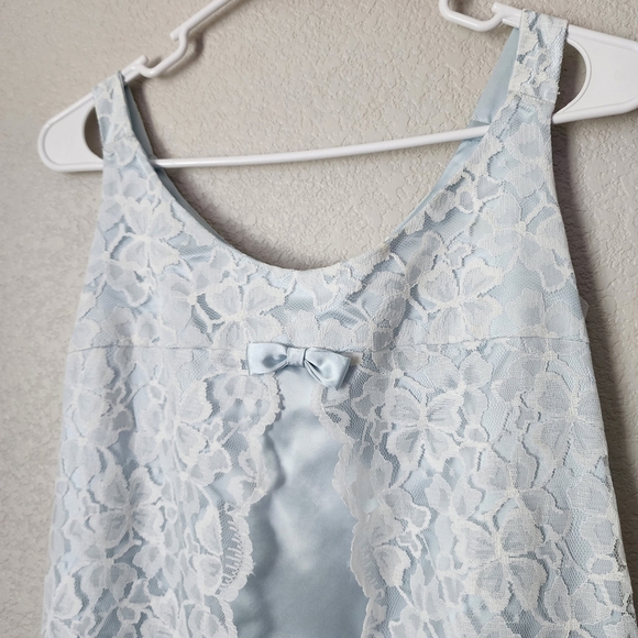 VINTAGE Handmade Ethereal Maxi Dress light blue satin scalloped lace overlay - Picture 8 of 10